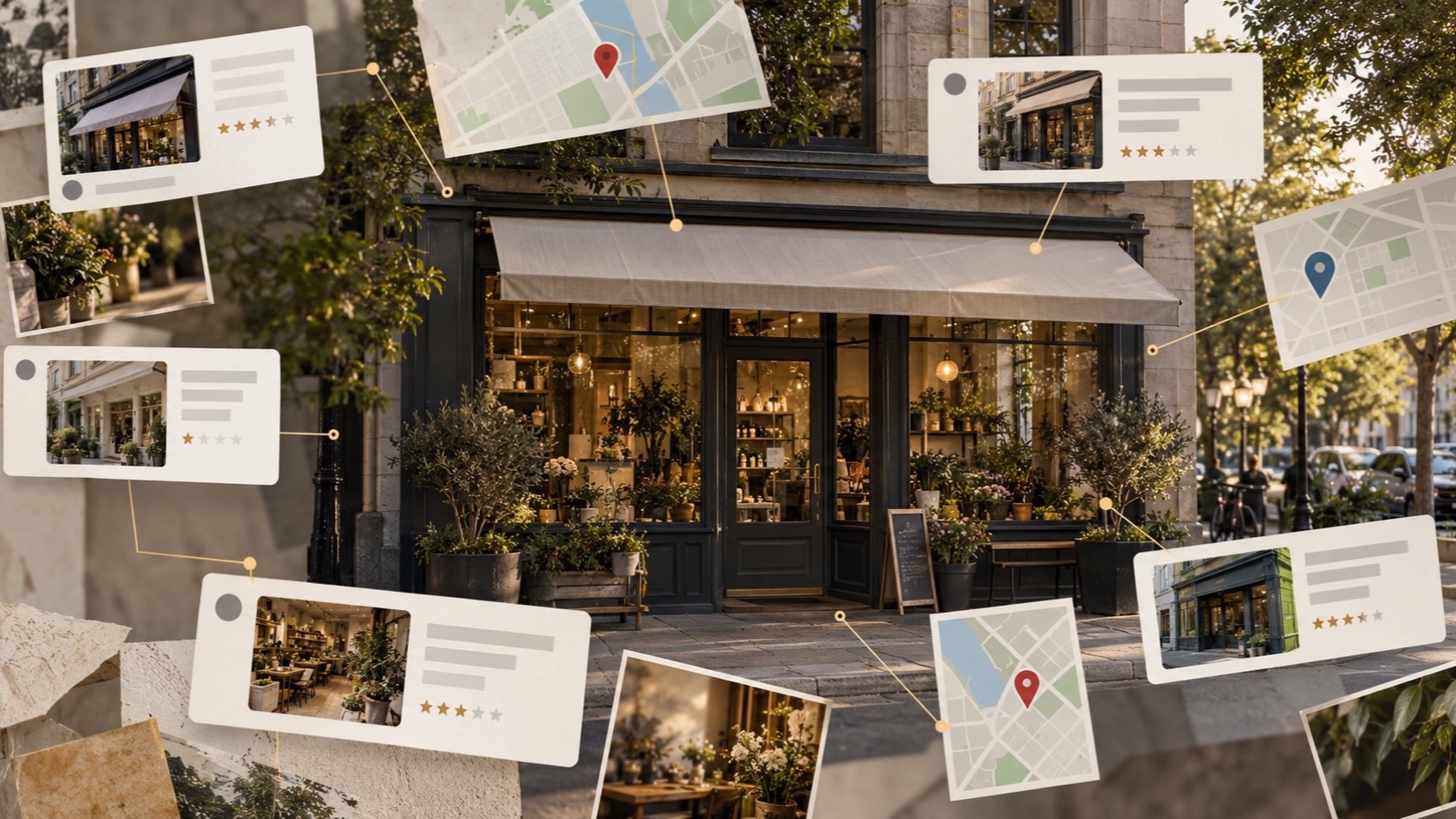 A local storefront surrounded by misaligned map, directory and business identity signals